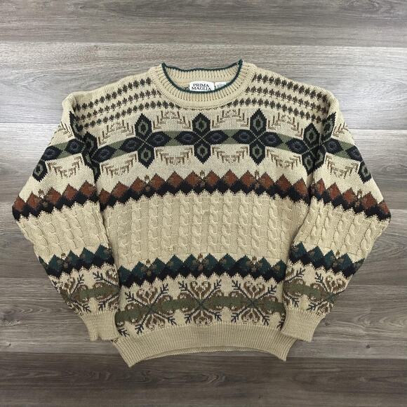 Vintage Prima Maglia Sweater Mens Large Beige Wool Blend Geometric Knit 90s Cozy - Picture 1 of 4